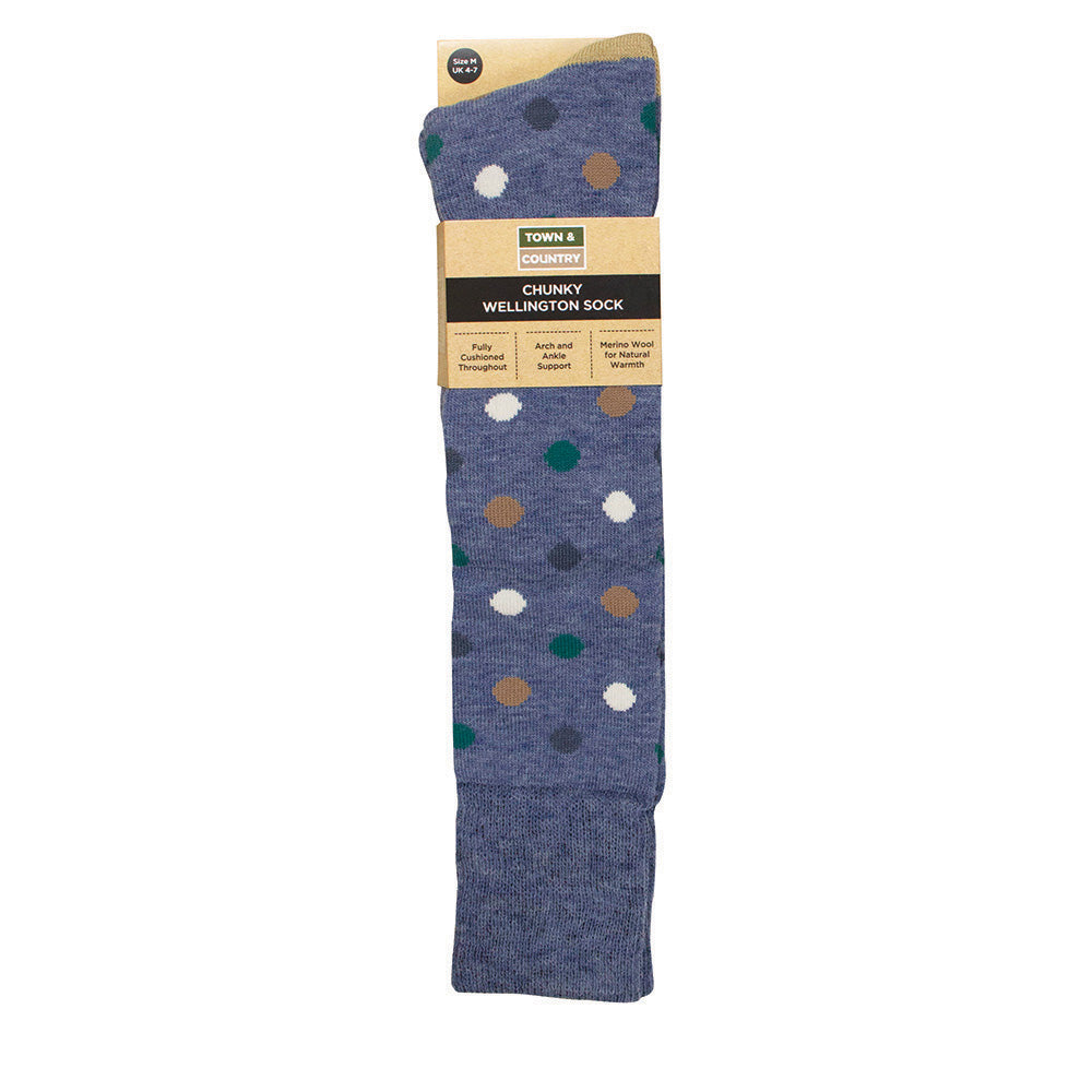 Chunky Merino Wool Welly Socks | Spotted Blue